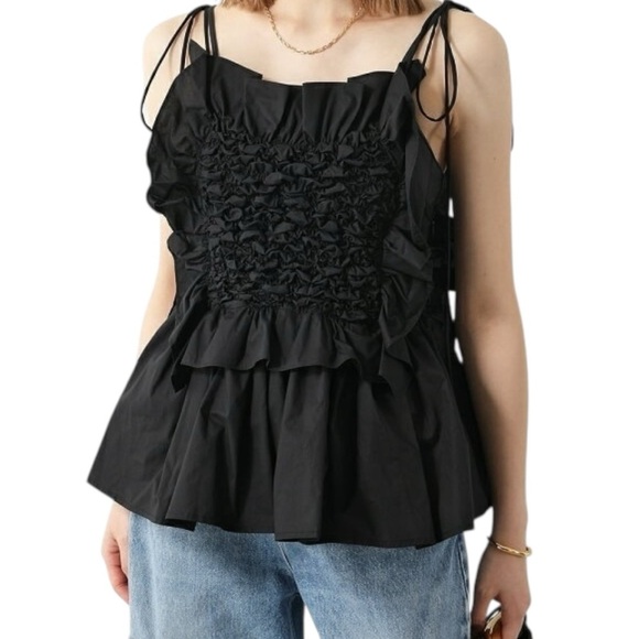 MEIMEIJ Designer Black Ruffle Ruched Cotton Tie Strap Top size (IT 40 US 4) NEW - Picture 5 of 8